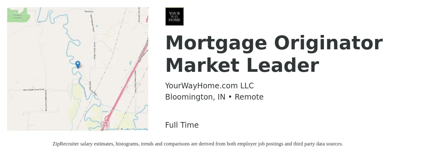 YourWayHome.com LLC job posting for a Mortgage Originator Market Leader in Bloomington, IN with a salary of $14 to $41 Hourly with a map of Bloomington location.