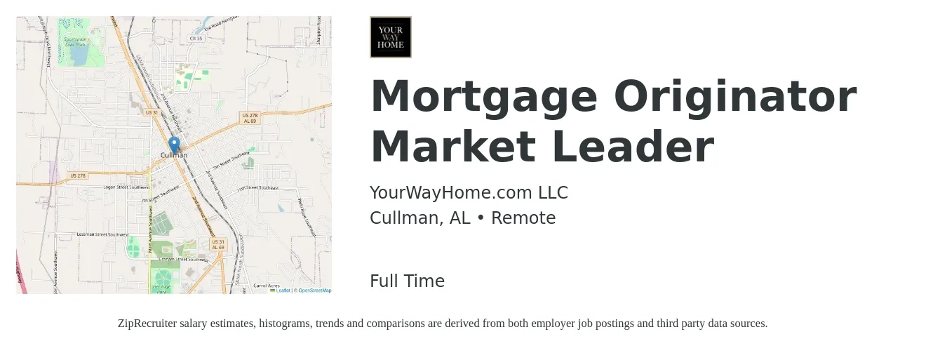 YourWayHome.com LLC job posting for a Mortgage Originator Market Leader in Cullman, AL with a salary of $14 to $39 Hourly with a map of Cullman location.