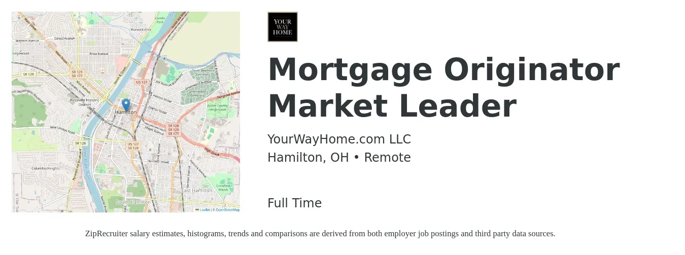 YourWayHome.com LLC job posting for a Mortgage Originator Market Leader in Hamilton, OH with a salary of $14 to $42 Hourly with a map of Hamilton location.