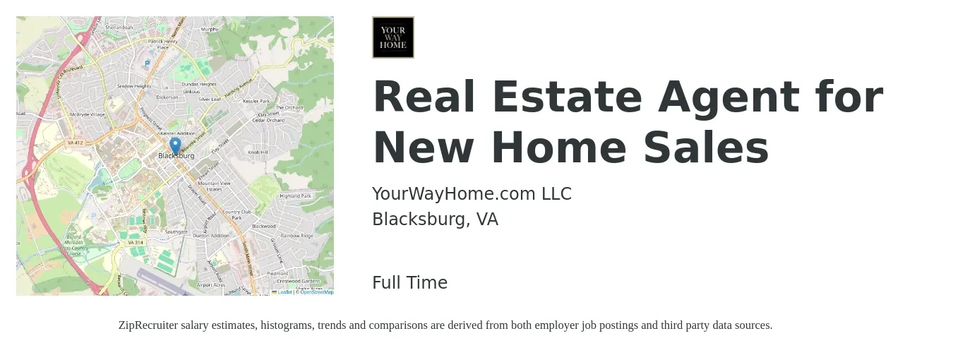YourWayHome.com LLC job posting for a Real Estate Agent for New Home Sales in Blacksburg, VA with a salary of $71,900 to $96,500 Yearly with a map of Blacksburg location.
