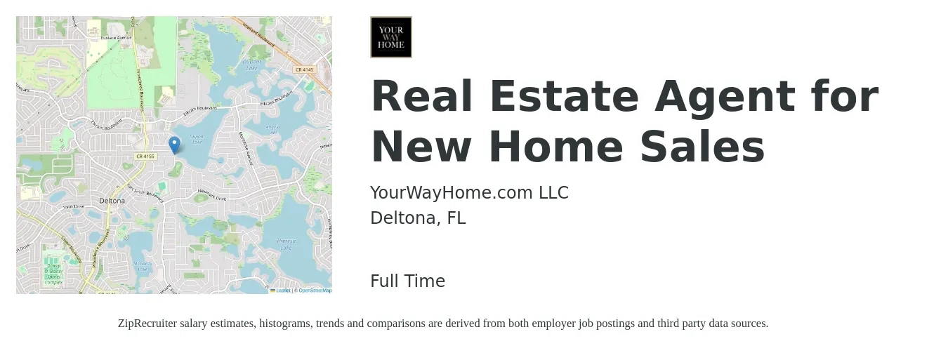 YourWayHome.com LLC job posting for a Real Estate Agent for New Home Sales in Deltona, FL with a salary of $70,700 to $94,800 Yearly with a map of Deltona location.