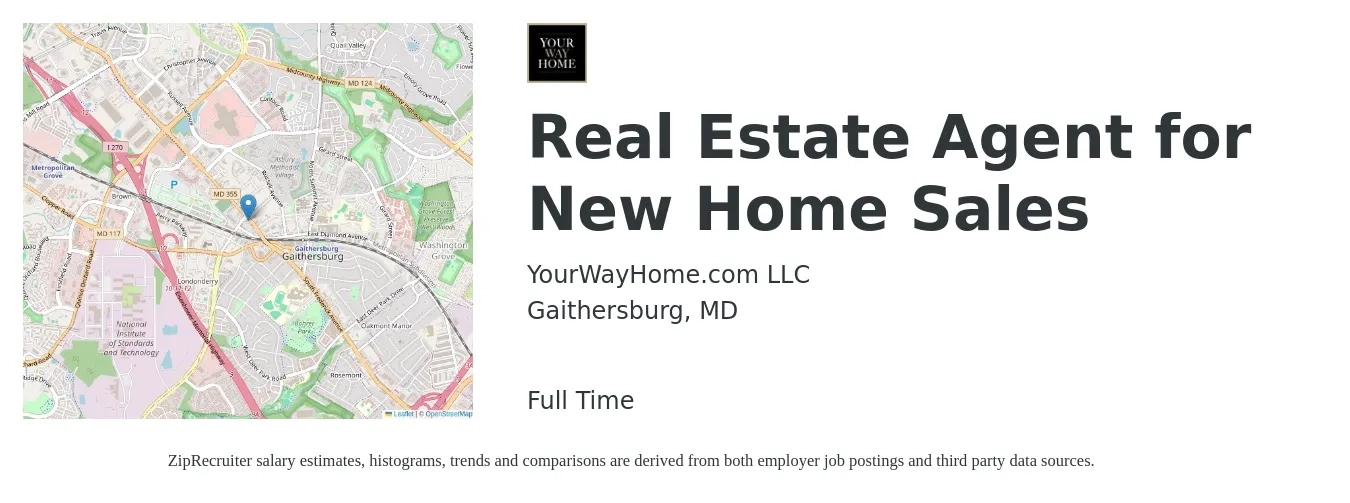 YourWayHome.com LLC job posting for a Real Estate Agent for New Home Sales in Gaithersburg, MD with a salary of $88,600 to $118,800 Yearly with a map of Gaithersburg location.