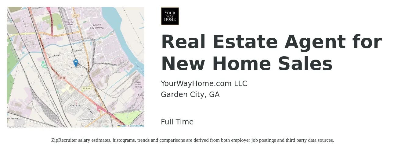YourWayHome.com LLC job posting for a Real Estate Agent for New Home Sales in Garden City, GA with a salary of $77,700 to $104,300 Yearly with a map of Garden City location.