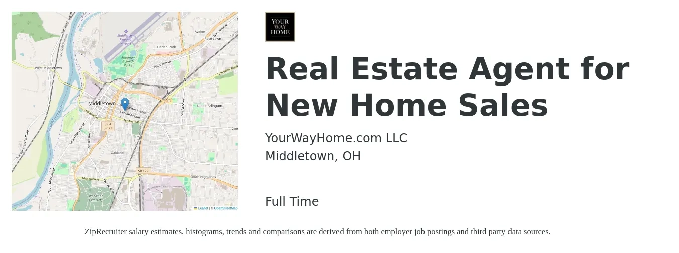 YourWayHome.com LLC job posting for a Real Estate Agent for New Home Sales in Middletown, OH with a salary of $77,900 to $104,500 Yearly with a map of Middletown location.