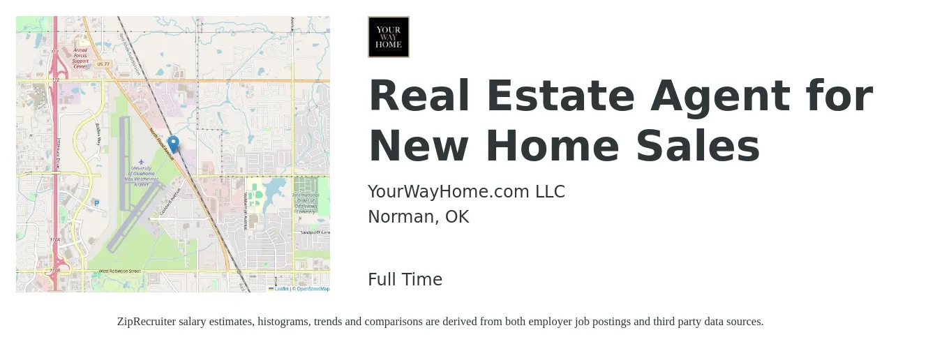 YourWayHome.com LLC job posting for a Real Estate Agent for New Home Sales in Norman, OK with a salary of $71,600 to $96,100 Yearly with a map of Norman location.