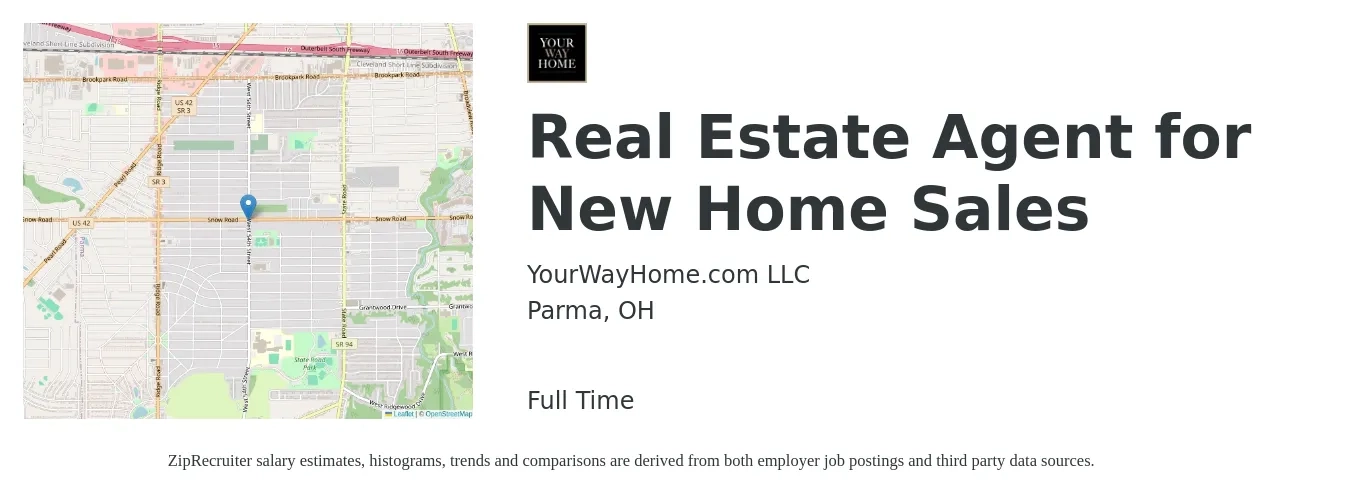 YourWayHome.com LLC job posting for a Real Estate Agent for New Home Sales in Parma, OH with a salary of $77,800 to $104,400 Yearly with a map of Parma location.
