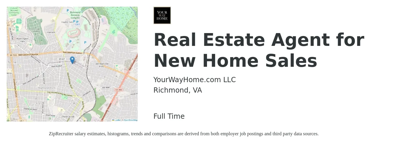 YourWayHome.com LLC job posting for a Real Estate Agent for New Home Sales in Richmond, VA with a salary of $81,100 to $108,900 Yearly with a map of Richmond location.