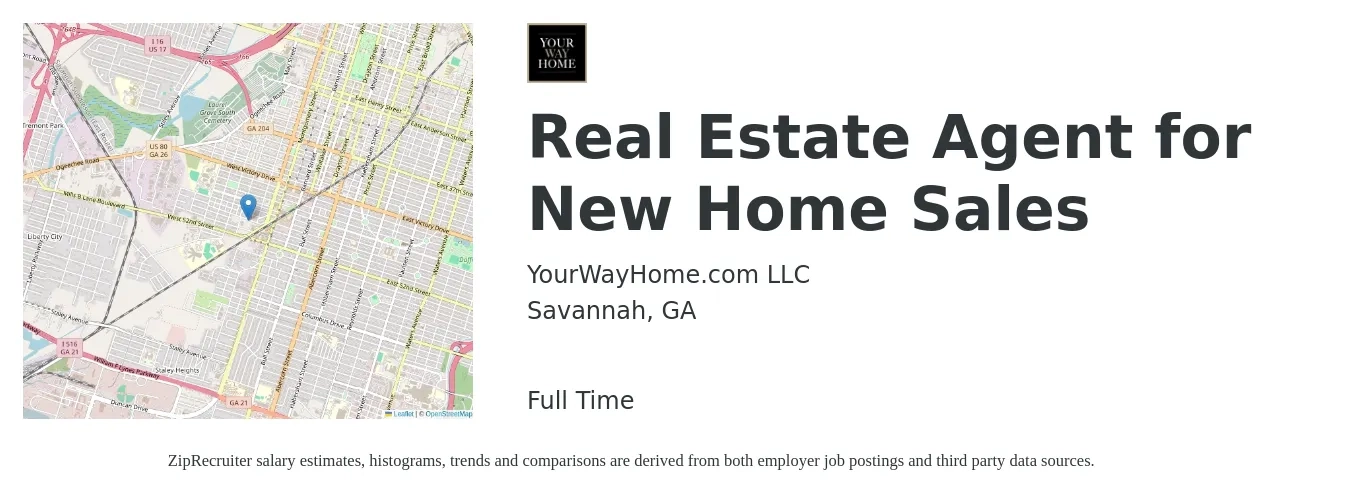 YourWayHome.com LLC job posting for a Real Estate Agent for New Home Sales in Savannah, GA with a salary of $76,400 to $102,400 Yearly with a map of Savannah location.