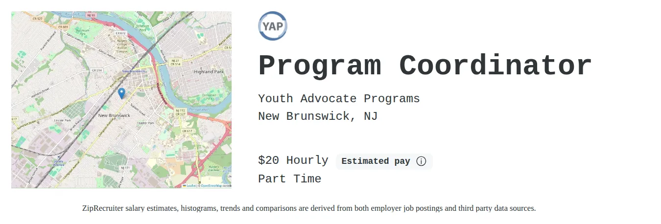 Youth Advocate Programs job posting for a Program Coordinator in New Brunswick, NJ with a salary of $21 Hourly and benefits including Vision, Dental, and Retirement with a map of New Brunswick location.