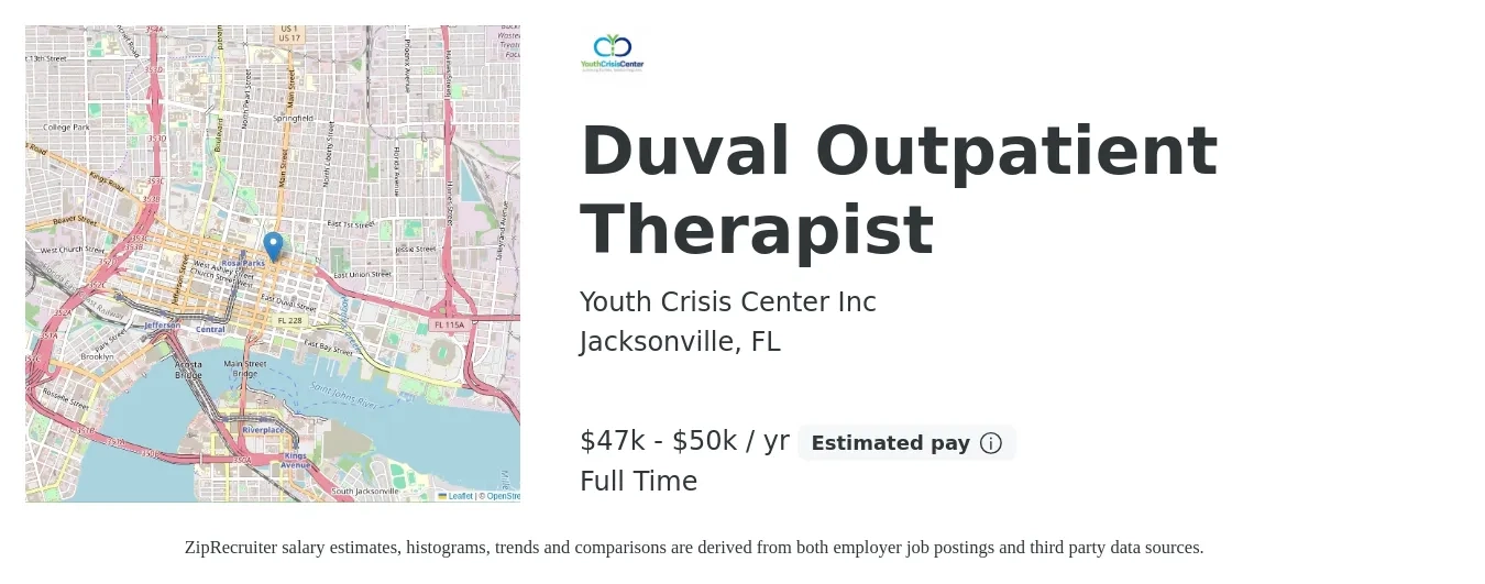 Youth Crisis Center Inc job posting for a Duval Outpatient Therapist in Jacksonville, FL with a salary of $47,000 to $50,000 Yearly with a map of Jacksonville location.