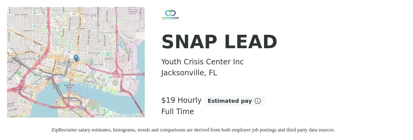Youth Crisis Center Inc job posting for a SNAP LEAD in Jacksonville, FL with a salary of $20 Hourly with a map of Jacksonville location.