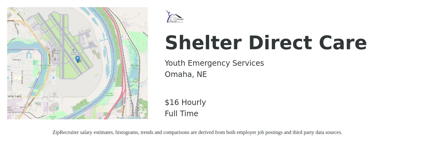 Youth Emergency Services job posting for a Shelter Direct Care in Omaha, NE with a salary of $17 Hourly with a map of Omaha location.