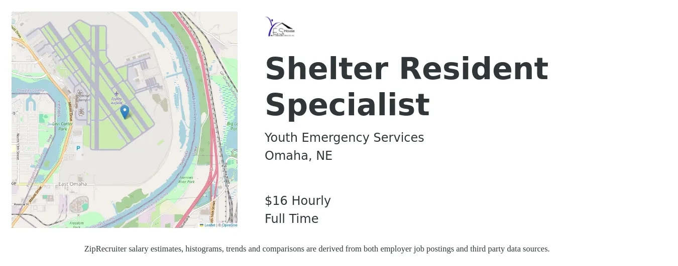Youth Emergency Services job posting for a Shelter Resident Specialist in Omaha, NE with a salary of $17 Hourly with a map of Omaha location.