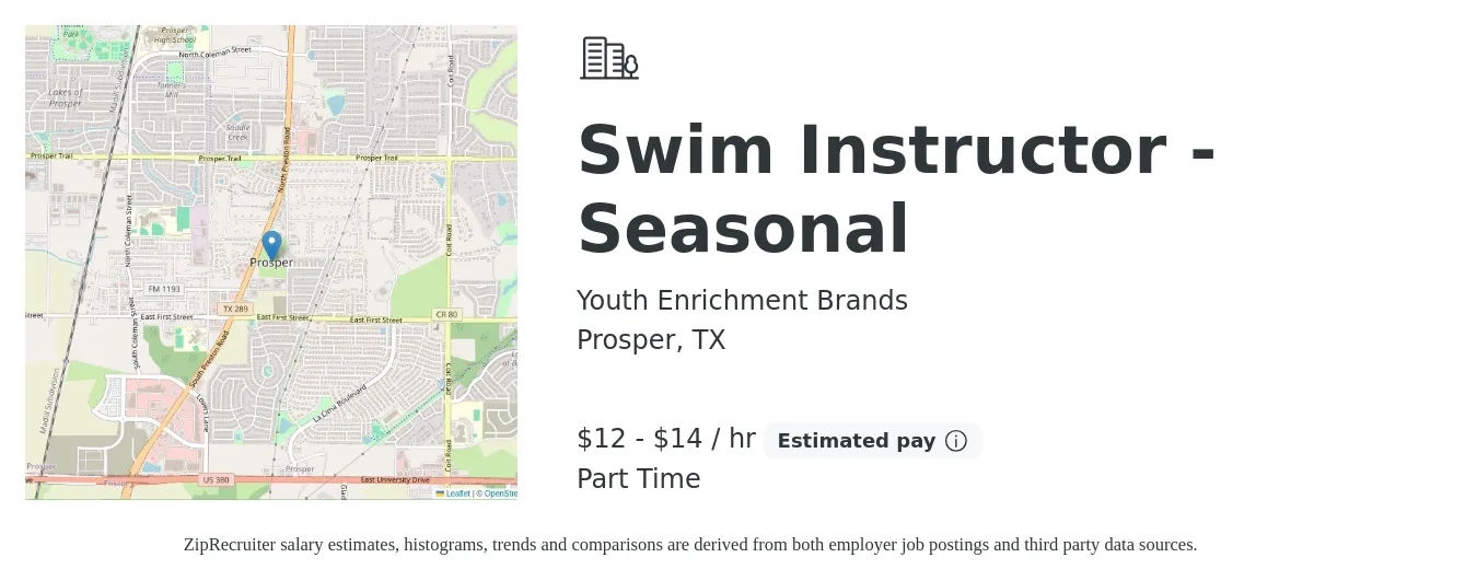 Youth Enrichment Brands job posting for a Swim Instructor - Seasonal in Prosper, TX with a salary of $14 to $16 Hourly with a map of Prosper location.