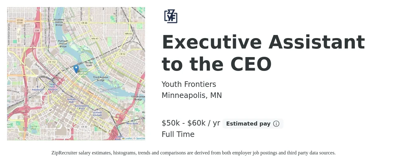Youth Frontiers job posting for a Executive Assistant to the CEO in Minneapolis, MN with a salary of $50,000 to $60,000 Yearly with a map of Minneapolis location.