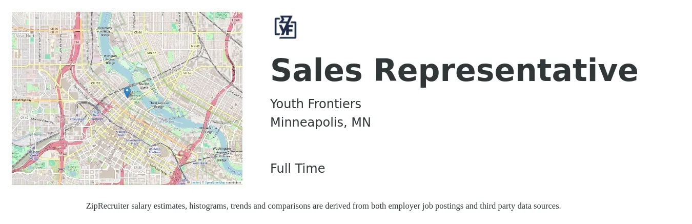 Youth Frontiers job posting for a Sales Representative in Minneapolis, MN with a salary of $55,300 to $96,200 Yearly with a map of Minneapolis location.