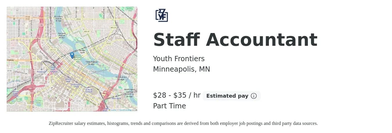 Youth Frontiers job posting for a Staff Accountant in Minneapolis, MN with a salary of $30 to $37 Hourly with a map of Minneapolis location.