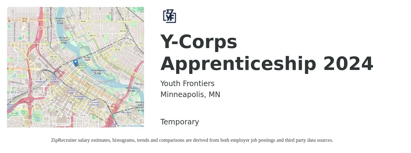 Youth Frontiers job posting for a Y-Corps Apprenticeship 2024 in Minneapolis, MN with a salary of $2,580 to $7,410 Monthly with a map of Minneapolis location.