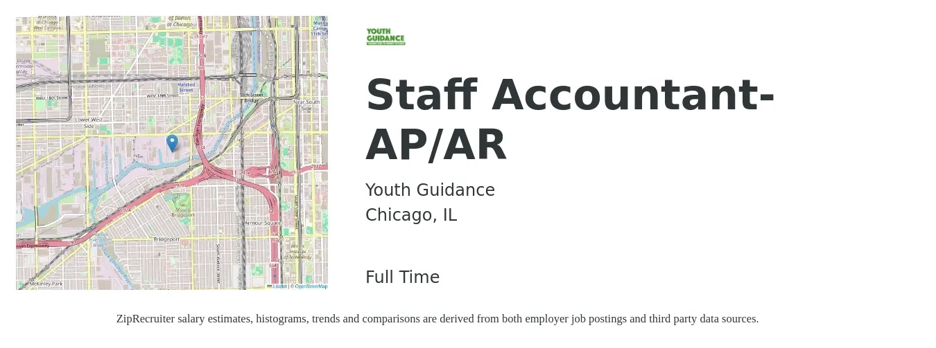 Youth Guidance job posting for a Staff Accountant- AP/AR in Chicago, IL with a salary of $56,700 to $74,700 Yearly with a map of Chicago location.