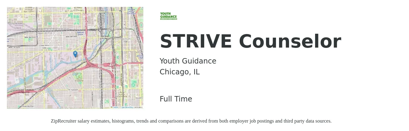 Youth Guidance job posting for a STRIVE Counselor in Chicago, IL with a salary of $17 to $25 Hourly with a map of Chicago location.