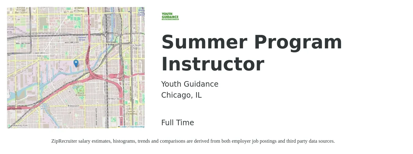 Youth Guidance job posting for a Summer Program Instructor in Chicago, IL with a map of Chicago location.