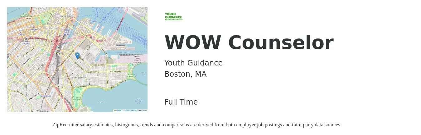 Youth Guidance job posting for a WOW Counselor in Boston, MA with a salary of $54,000 to $70,000 Yearly with a map of Boston location.