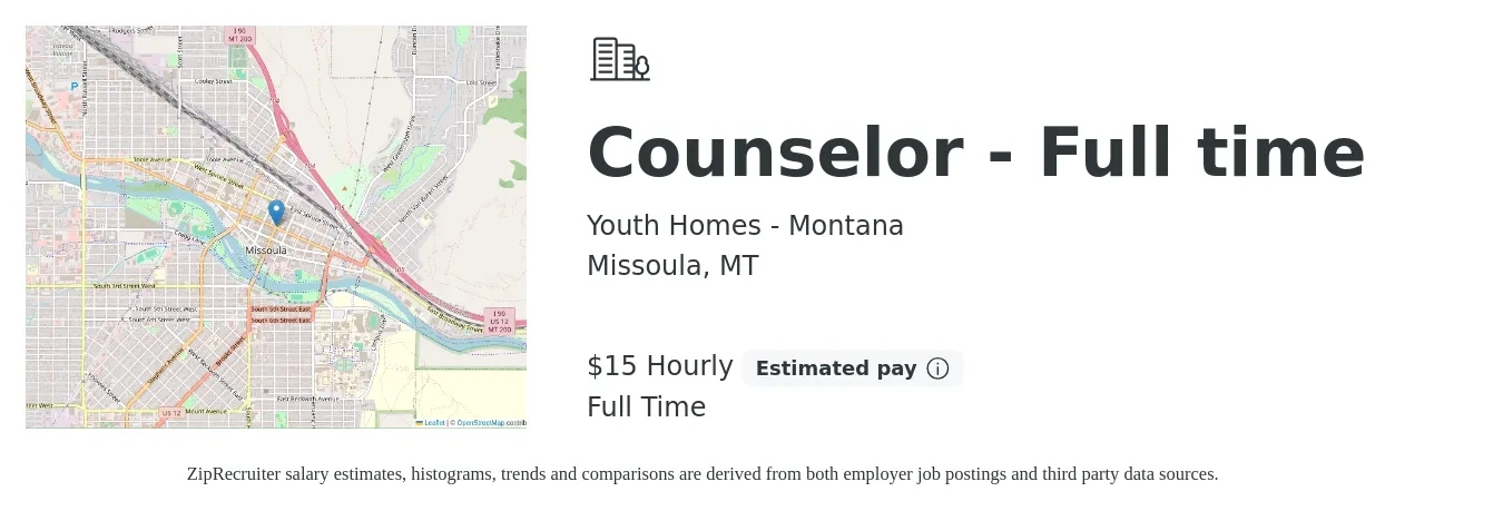 Youth Homes - Montana job posting for a Counselor - Full time in Missoula, MT with a salary of $16 Hourly with a map of Missoula location.
