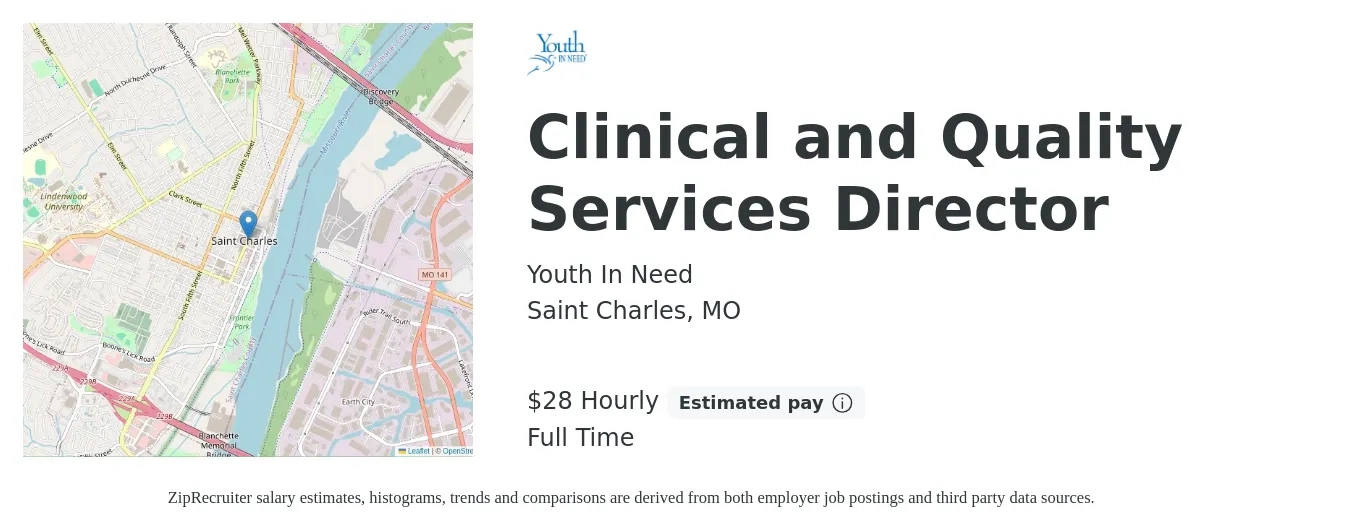 Youth In Need job posting for a Clinical and Quality Services Director in Saint Charles, MO with a salary of $62,000 Yearly with a map of Saint Charles location.