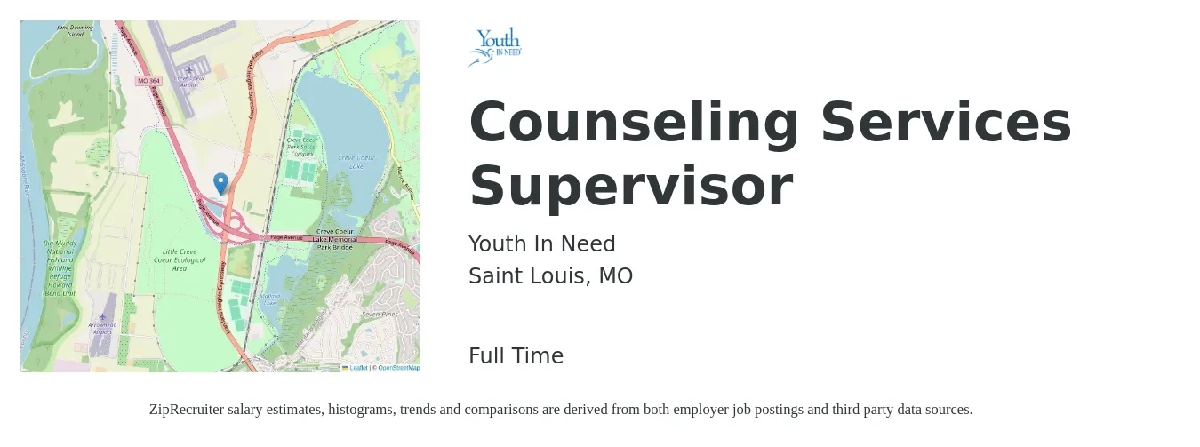 Youth In Need job posting for a Counseling Services Supervisor in Saint Louis, MO with a salary of $47,700 to $67,900 Yearly with a map of Saint Louis location.