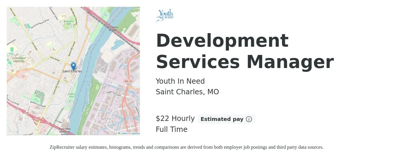 Youth In Need job posting for a Development Services Manager in Saint Charles, MO with a salary of $23 Hourly with a map of Saint Charles location.
