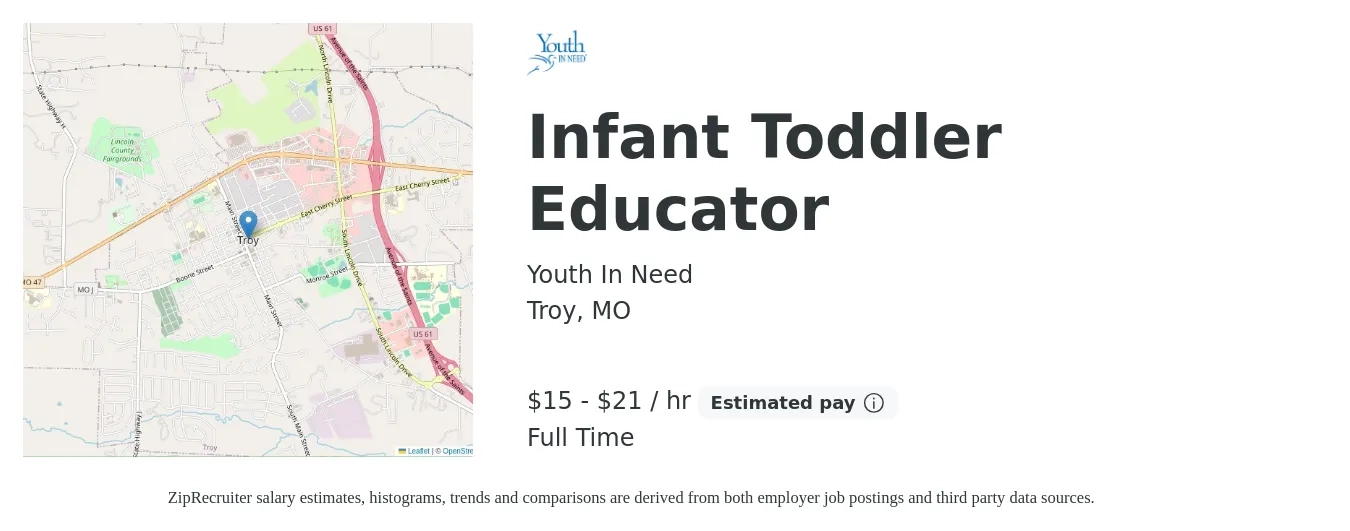 Youth In Need job posting for a Infant Toddler Educator in Troy, MO with a salary of $16 to $22 Hourly with a map of Troy location.