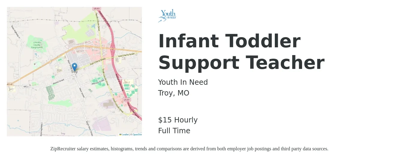 Youth In Need job posting for a Infant Toddler Support Teacher in Troy, MO with a salary of $16 Hourly with a map of Troy location.
