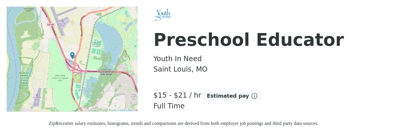 Youth In Need job posting for a Preschool Educator in Saint Louis, MO with a salary of $16 to $22 Hourly with a map of Saint Louis location.