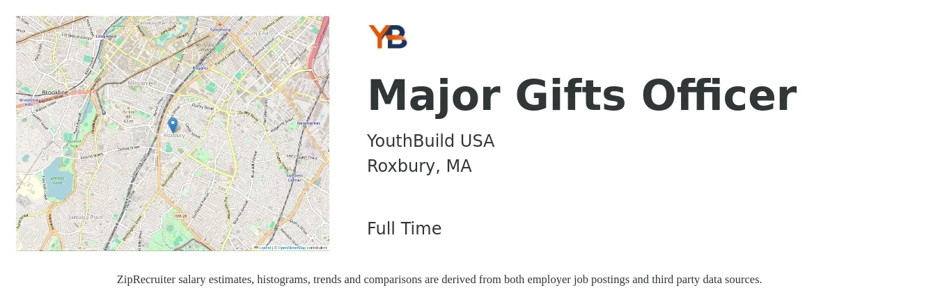 YouthBuild USA job posting for a Major Gifts Officer in Roxbury, MA with a salary of $78,100 to $101,500 Yearly with a map of Roxbury location.