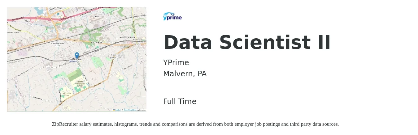 YPrime job posting for a Data Scientist II in Malvern, PA with a salary of $96,700 to $133,500 Yearly with a map of Malvern location.