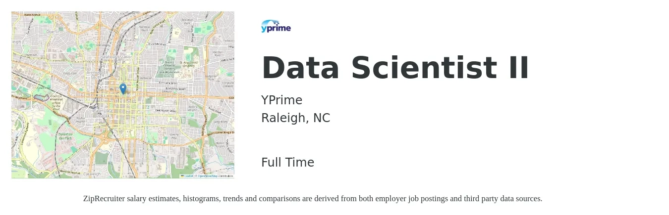 YPrime job posting for a Data Scientist II in Raleigh, NC with a salary of $95,800 to $132,200 Yearly with a map of Raleigh location.