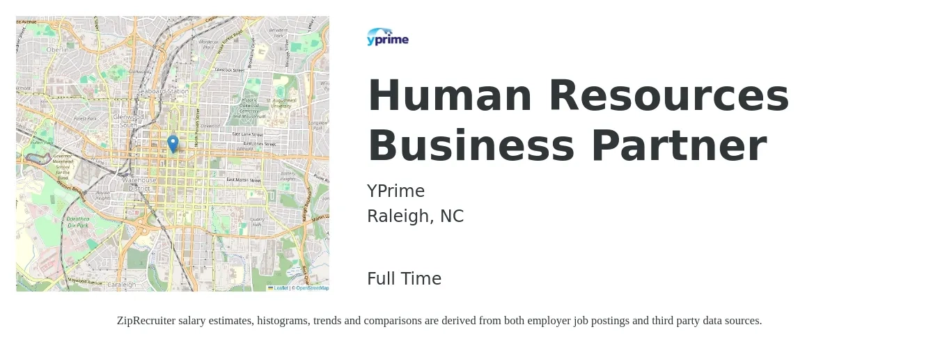YPrime job posting for a Human Resources Business Partner in Raleigh, NC with a salary of $70,000 to $99,600 Yearly with a map of Raleigh location.