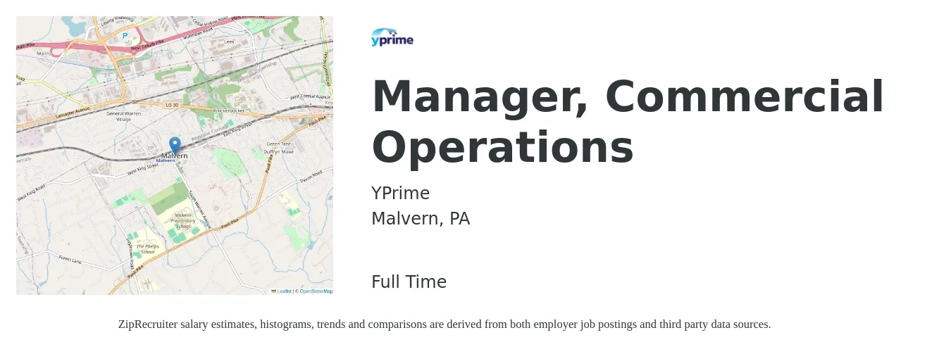YPrime job posting for a Manager, Commercial Operations in Malvern, PA with a salary of $40,200 to $76,000 Yearly with a map of Malvern location.