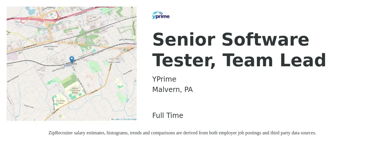 YPrime job posting for a Senior Software Tester, Team Lead in Malvern, PA with a salary of $48 to $62 Hourly with a map of Malvern location.