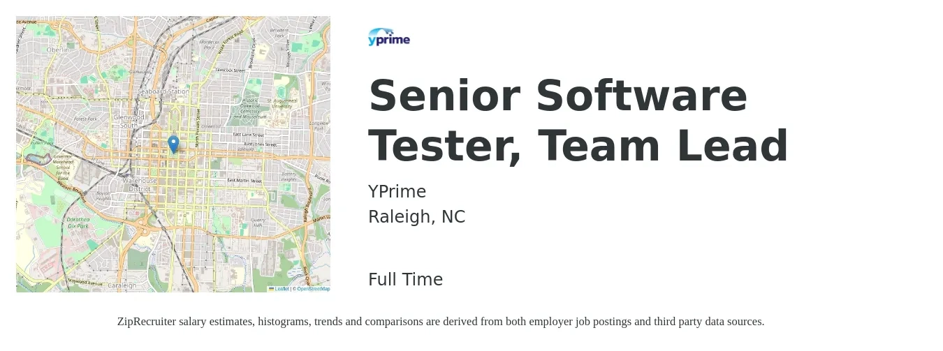 YPrime job posting for a Senior Software Tester, Team Lead in Raleigh, NC with a salary of $48 to $61 Hourly with a map of Raleigh location.