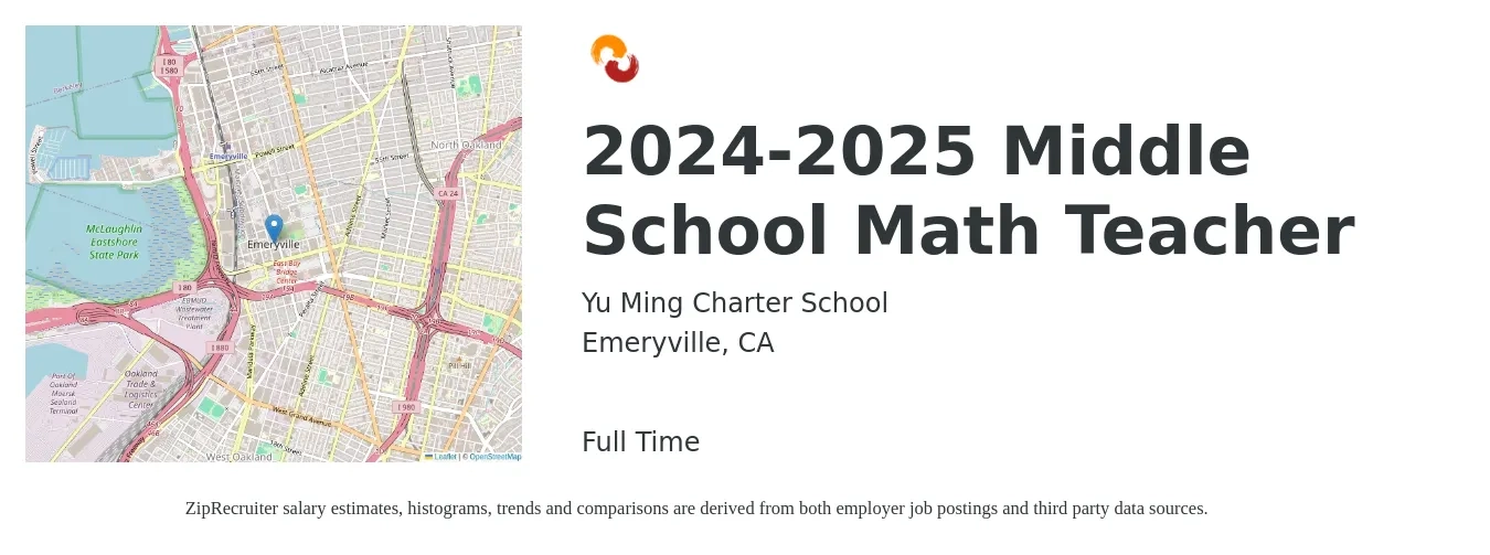 Yu Ming Charter School job posting for a 2024-2025 Middle School Math Teacher in Emeryville, CA with a salary of $54,400 to $70,500 Yearly with a map of Emeryville location.