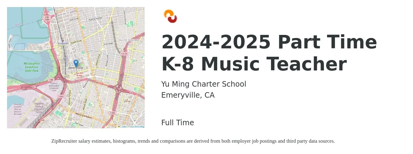 Yu Ming Charter School job posting for a 2024-2025 Part Time K-8 Music Teacher in Emeryville, CA with a salary of $28 to $41 Hourly with a map of Emeryville location.