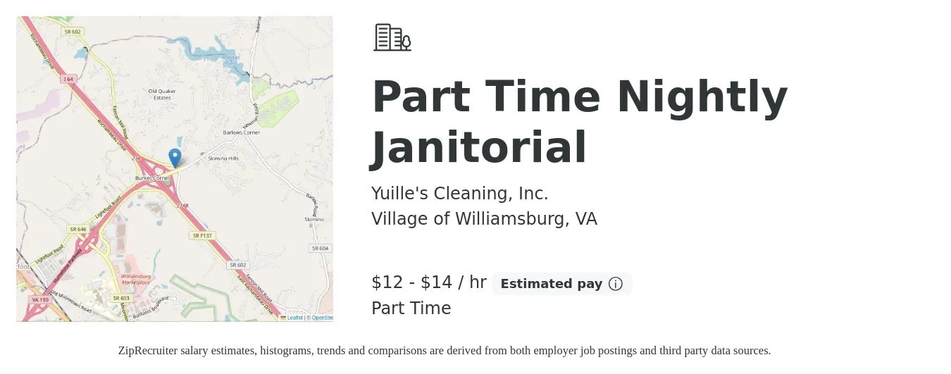 Yuille's Cleaning, Inc. job posting for a Part Time Nightly Janitorial in Village of Williamsburg, VA with a salary of $14 to $15 Hourly with a map of Village of Williamsburg location.