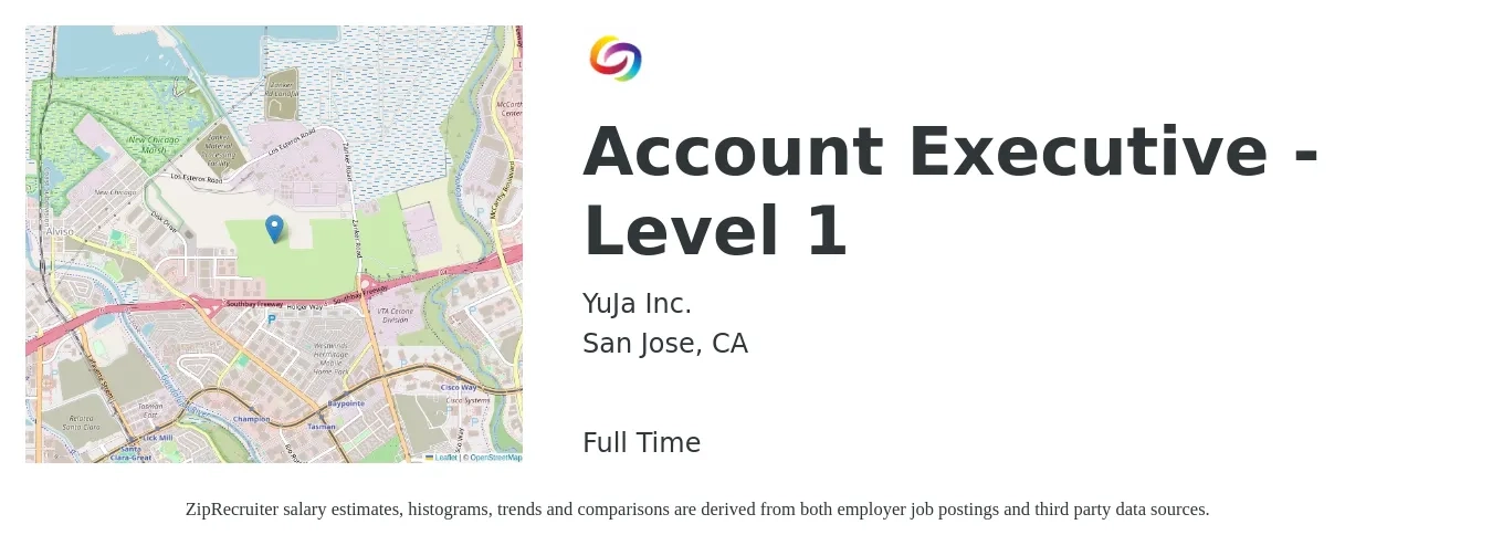YuJa Inc. job posting for a Account Executive - Level 1 in San Jose, CA with a salary of $100,000 Yearly with a map of San Jose location.