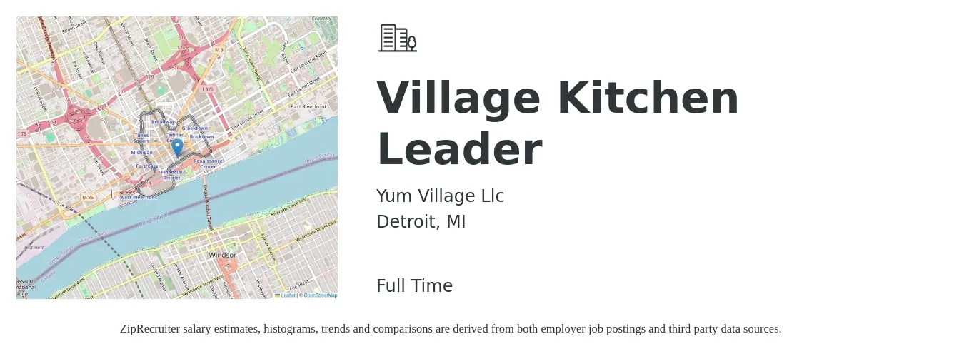 Yum Village Llc job posting for a Village Kitchen Leader in Detroit, MI with a salary of $15 to $19 Hourly with a map of Detroit location.