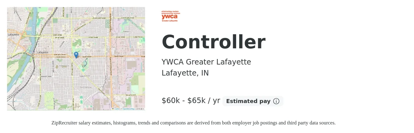 YWCA Greater Lafayette job posting for a Controller in Lafayette, IN with a salary of $60,000 to $65,000 Yearly with a map of Lafayette location.
