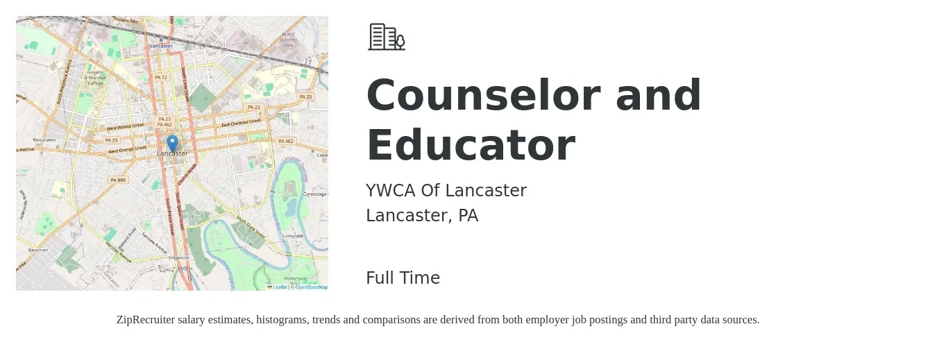 YWCA Of Lancaster job posting for a Counselor and Educator in Lancaster, PA with a salary of $46,600 to $67,500 Yearly with a map of Lancaster location.