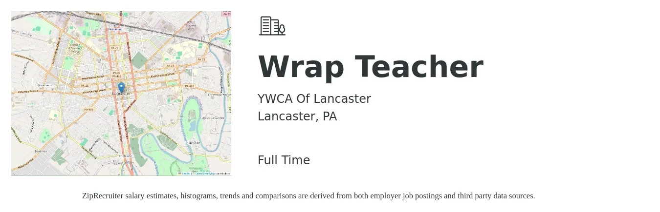 YWCA of Lancaster job posting for a Wrap Teacher in Lancaster, PA with a salary of $44,700 to $62,700 Yearly with a map of Lancaster location.