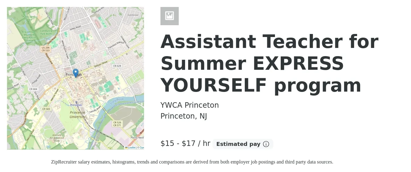 YWCA Princeton job posting for a Assistant Teacher for Summer EXPRESS YOURSELF program in Princeton, NJ with a salary of $16 to $18 Hourly with a map of Princeton location.