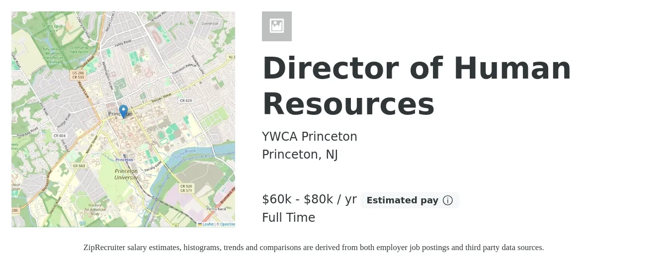 YWCA Princeton job posting for a Director of Human Resources in Princeton, NJ with a salary of $93,600 to $144,300 Yearly with a map of Princeton location.